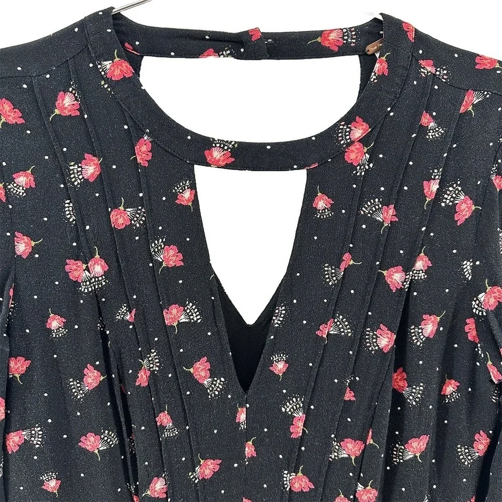 FREE PEOPLE Teagan Floral Long Sleeve Keyhole Mini Dress • 6 • black red Boho